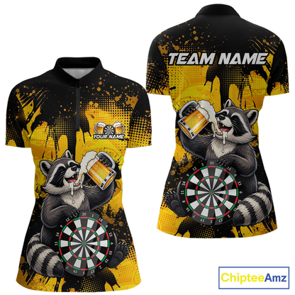 Front and back views of a black and yellow darts quarter zip featuring a raccoon drinking beer, dartboard graphics, and custom team and player name text.
