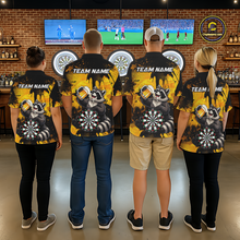 Load image into Gallery viewer, Four people wearing black and yellow darts polo featuring a raccoon drinking beer, dartboard graphics, and custom team and player name text.