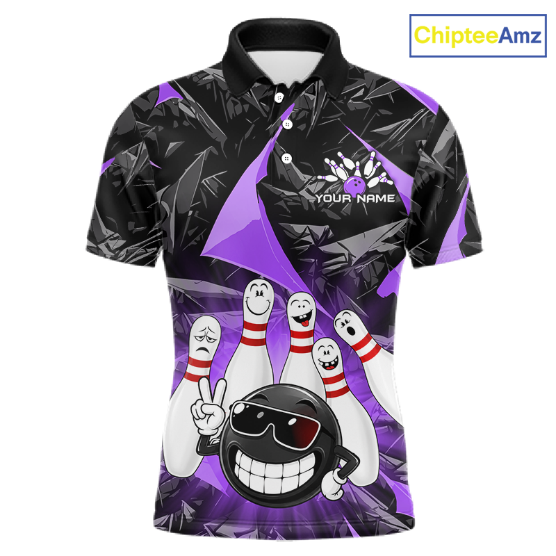 A short-sleeve polo shirt with a black and purple abstract background pattern, featuring a bowling-themed graphic with bowling pins, a cartoon bowling ball, and the text 'YOUR NAME' on the chest. A 'ChipteeAmz' logo is visible in the top right corner.