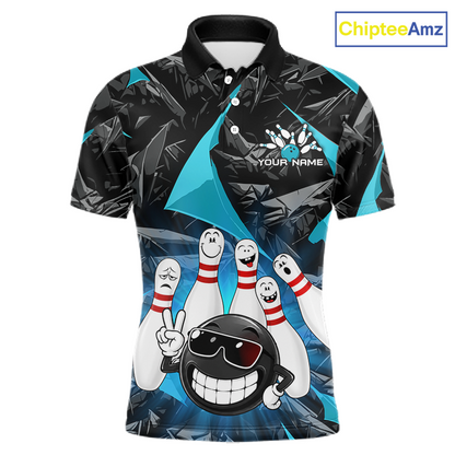 A short-sleeve polo shirt with a bowling-themed all-over print. The design features a black and blue geometric background, cartoon bowling pins, a smiling bowling ball character, and placeholder text reading 'YOUR NAME' on the chest.