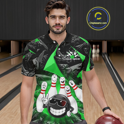 A man wearing a black and green bowling-themed polo shirt with a cartoon bowling ball and pins graphic, standing in a bowling alley holding a bowling ball. A 'Chileeanz.