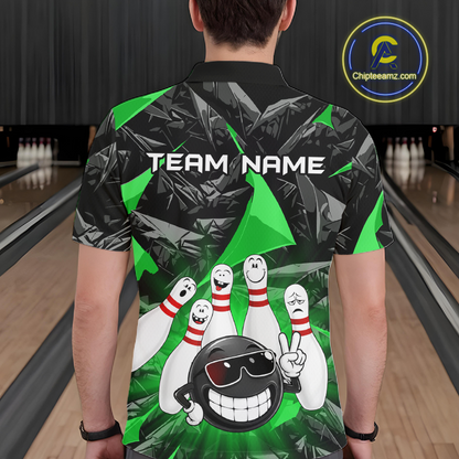 A person viewed from behind wearing a short-sleeve bowling-themed shirt with a black and green geometric pattern and a cartoon bowling ball and pins graphic. Bowling lanes are visible in the background, and a circular 'Chipteeamz.