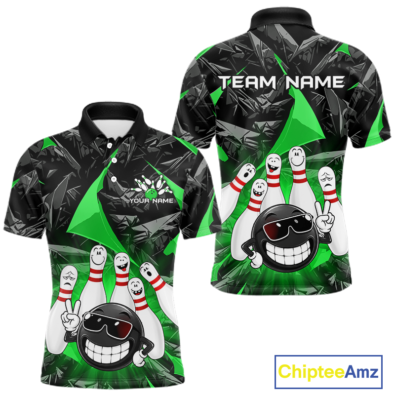 Front and back views of a short-sleeve polo shirt featuring a bowling-themed graphic print with a cartoon bowling ball and bowling pins in green, black, white, and red. The front has a collar, button placket, and placeholder text, while the back shows 'TEAM NAME' text.