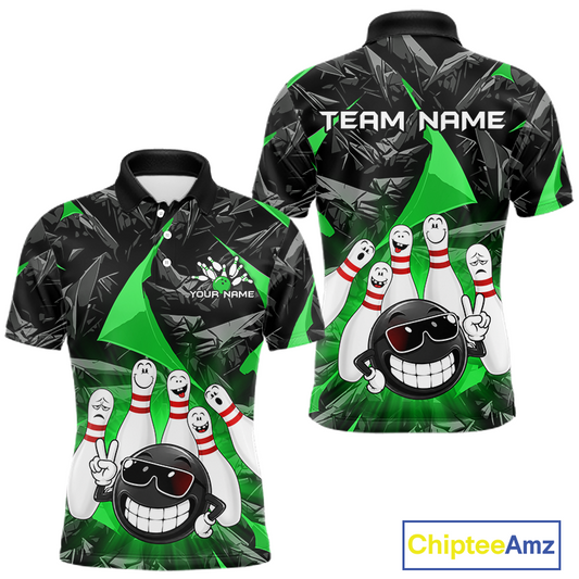 Front and back views of a short-sleeve polo shirt featuring a bowling-themed graphic print with a cartoon bowling ball and bowling pins in green, black, white, and red. The front has a collar, button placket, and placeholder text, while the back shows 'TEAM NAME' text.