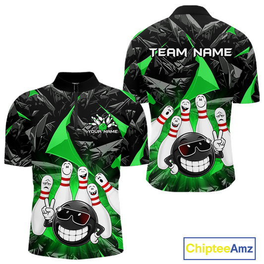 A short-sleeve bowling-themed polo shirt shown from both front and back on a white background. The shirt has a black and green abstract pattern with cartoon bowling pins, a bowling ball character, and customizable text areas reading TEAM NAME and YOUR NAME.