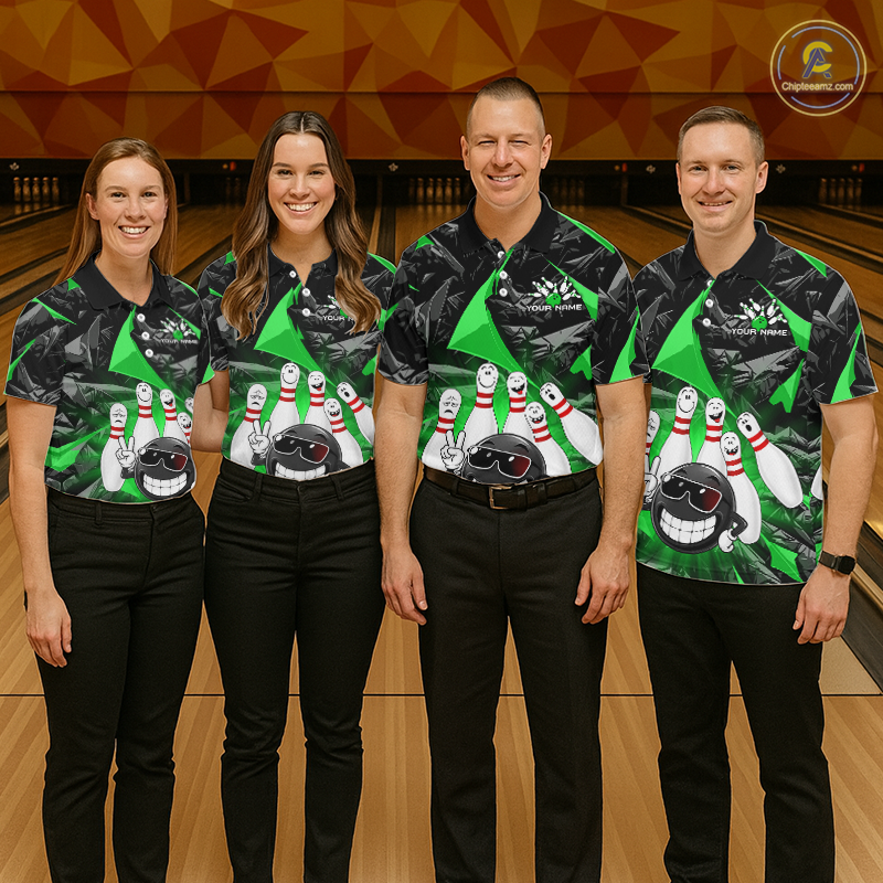 Four people standing together in a bowling alley wearing matching bowling shirts with a green and black camouflage pattern and a cartoon bowling ball graphic, paired with black pants.