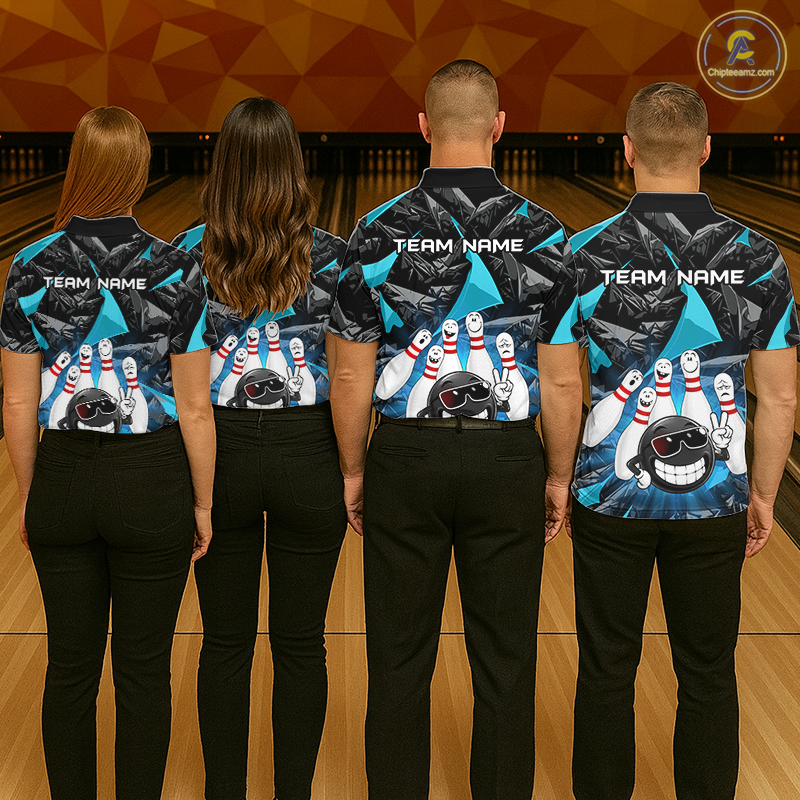 Four people standing with their backs to the camera in a bowling alley, wearing matching custom bowling shirts with a blue and black geometric pattern and bowling pin graphics. The shirts have 'TEAM NAME' printed on the back.