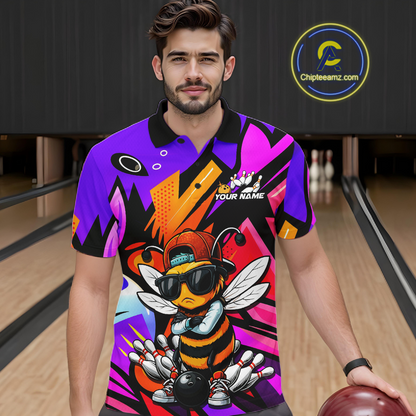 Custom Funny Bee Graffiti Pattern Bowling Jersey for Men Bowling Team Shirts Polo & 1/4 Zip HNT174