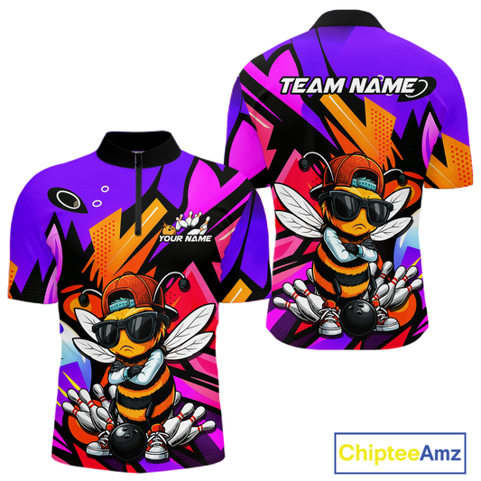Custom Funny Bee Graffiti Pattern Bowling Jersey for Men Bowling Team Shirts Polo & 1/4 Zip HNT174