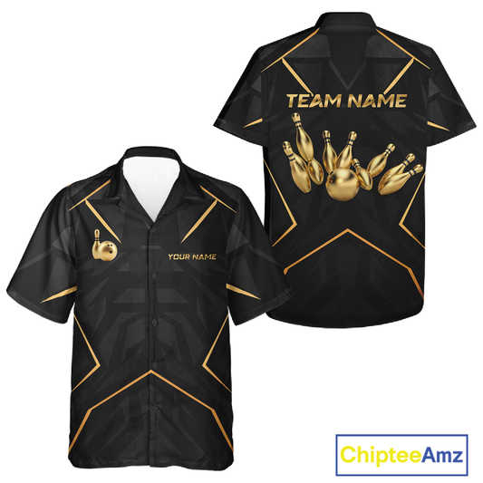 Custom Black and Gold Hawaiian Bowling Jersey for Men Women Bowling Team Shirts HNT175