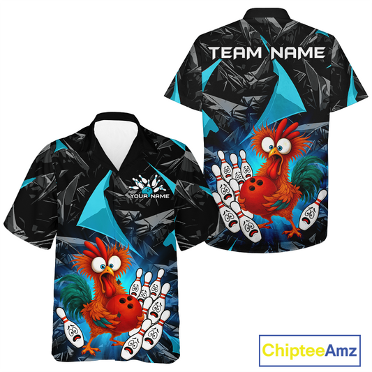 Custom Turquoise Funny Chicken Hawaiian Bowling Jersey for Men Women Bowling Team Shirts HNT138