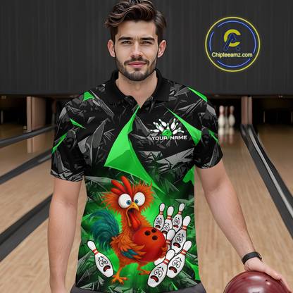 Custom Green Funny Chicken Bowling Jersey for Men Bowling Team Shirts  Polo & 1/4 Zip HNT138