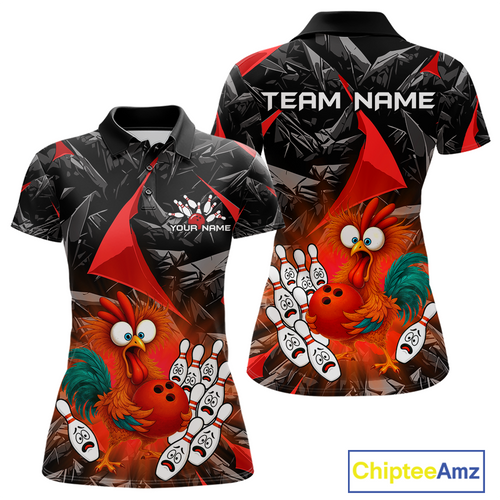 Custom Red Funny Chicken Bowling Jersey for Women Bowling Team Shirts Polo & 1/4 Zip HNT138