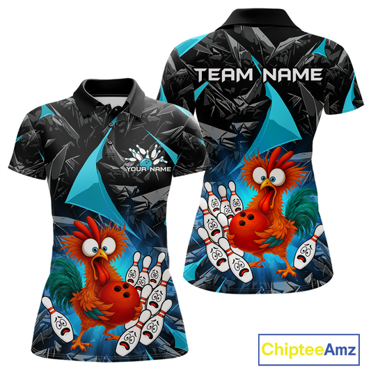 Custom Turquoise Funny Chicken Bowling Jersey for Women Bowling Team Shirts Polo & 1/4 Zip HNT138