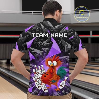 Custom Purple Funny Chicken Bowling Jersey for Men Bowling Team Shirts  Polo & 1/4 Zip HNT138