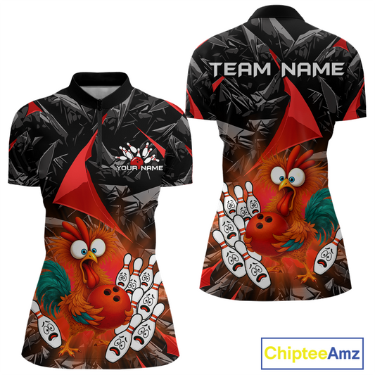 Custom Red Funny Chicken Bowling Jersey for Women Bowling Team Shirts Polo & 1/4 Zip HNT138