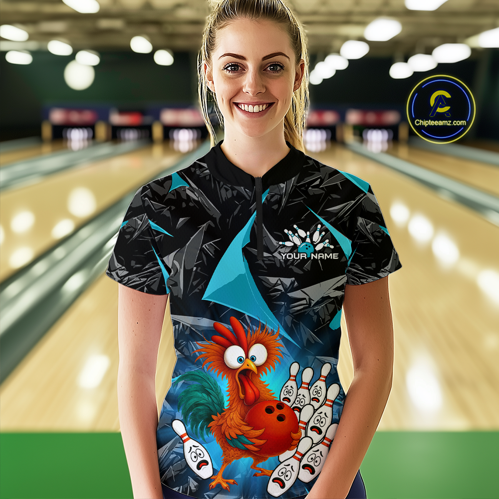 Custom Turquoise Funny Chicken Bowling Jersey for Women Bowling Team Shirts Polo & 1/4 Zip HNT138
