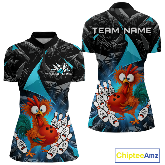 Custom Turquoise Funny Chicken Bowling Jersey for Women Bowling Team Shirts Polo & 1/4 Zip HNT138
