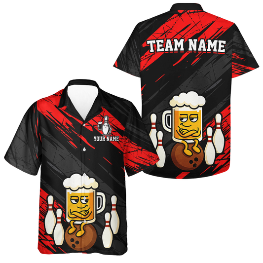 Custom Red Funny Beer Hawaiian Bowling Jersey Bowling Uniform Bowling Team Shirts HNT107