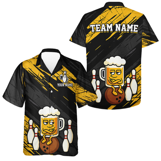 Custom Yellow Funny Beer Hawaiian Bowling Jersey Bowling Uniform Bowling Team Shirts HNT107