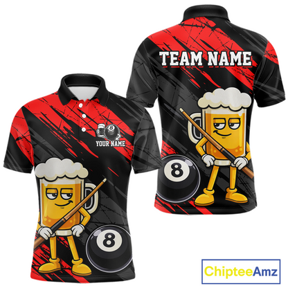 Custom Funny Red Beer 8 Ball Pool Men Billiard Polo & 1/4 Zip, Billiard Shirt, Billiard Team Jerseys NNT146