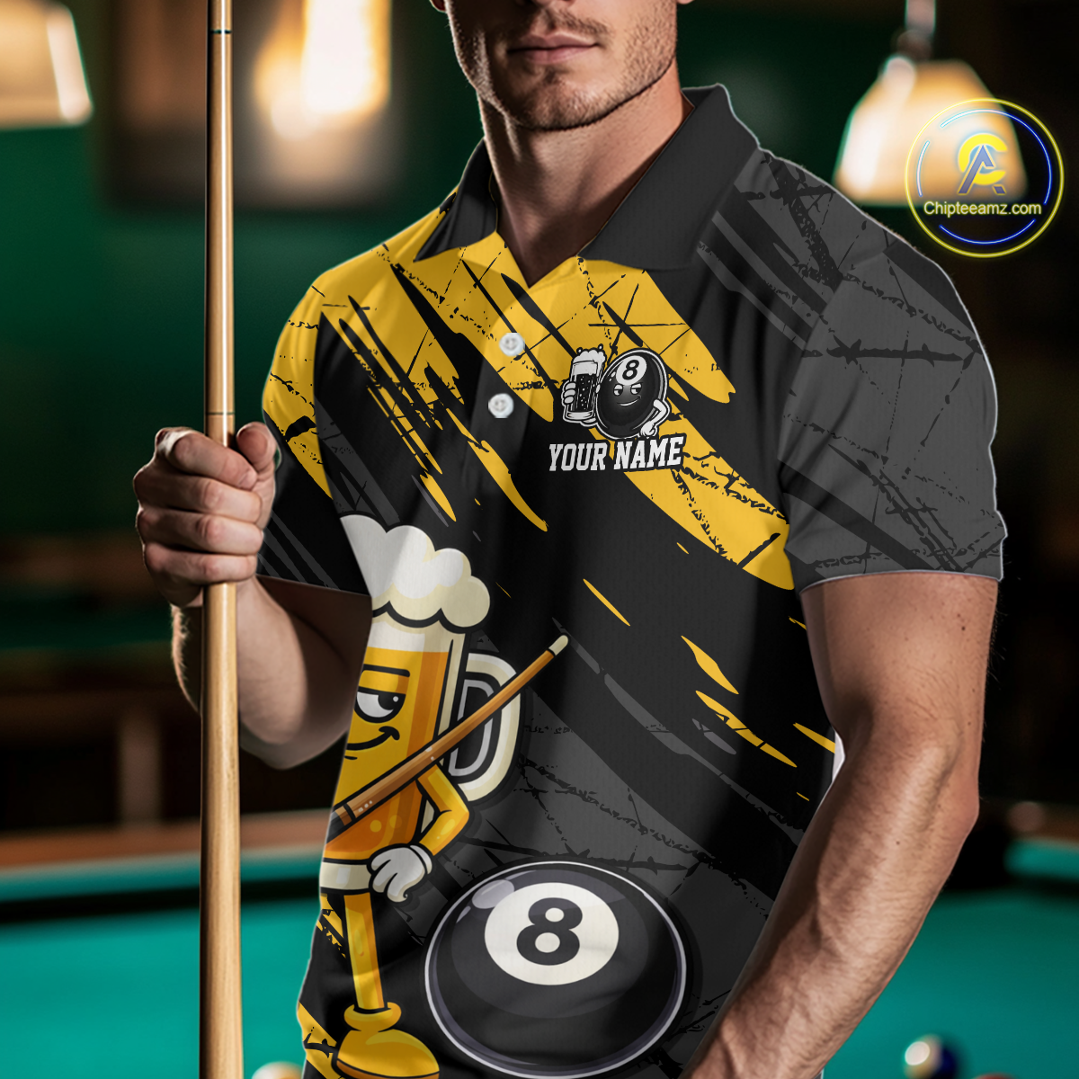 Custom Funny Yellow Beer 8 Ball Pool Men Billiard Polo & 1/4 Zip, Billiard Shirt, Billiard Team Jerseys NNT146