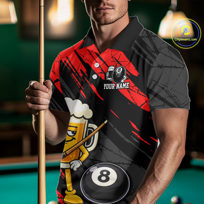 Custom Funny Red Beer 8 Ball Pool Men Billiard Polo & 1/4 Zip, Billiard Shirt, Billiard Team Jerseys NNT146