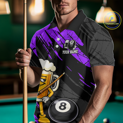 Custom Funny Purple Beer 8 Ball Pool Men Billiard Polo & 1/4 Zip, Billiard Shirt, Billiard Team Jerseys NNT146