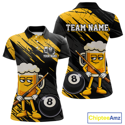 Custom Funny Yellow Beer 8 Ball Pool Women Billiard Polo & 1/4 Zip, Billiard Shirt, Billiard Team Jerseys NNT146