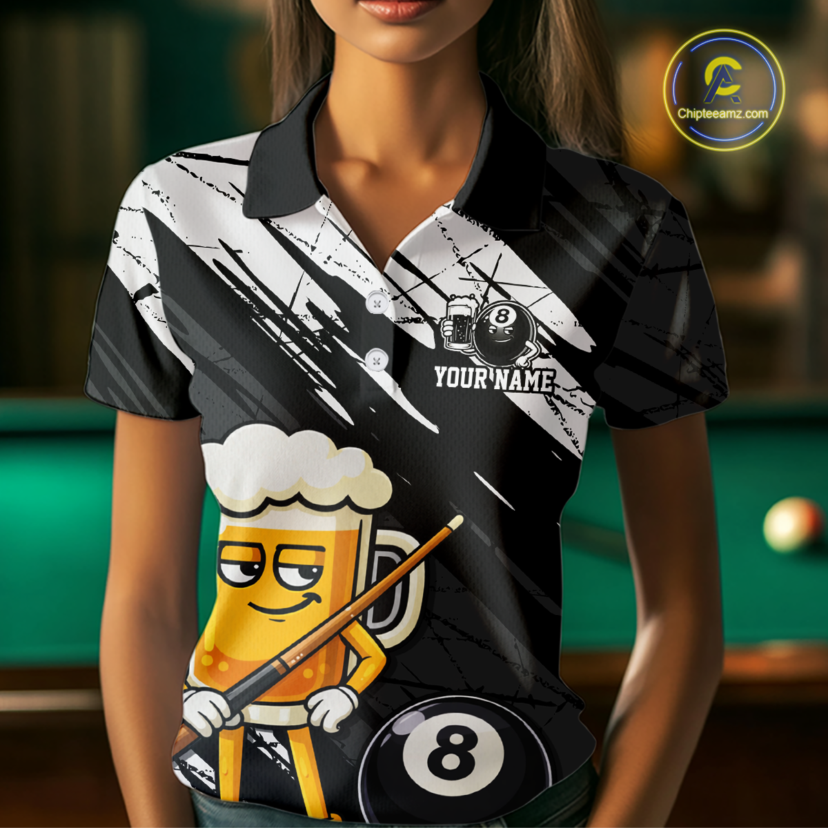 Custom Funny Black Beer 8 Ball Pool Women Billiard Polo & 1/4 Zip, Billiard Shirt, Billiard Team Jerseys NNT146