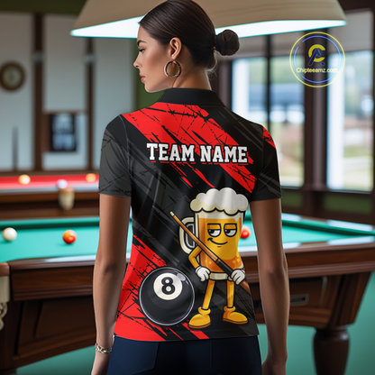 Custom Funny Red Beer 8 Ball Pool Women Billiard Polo & 1/4 Zip, Billiard Shirt, Billiard Team Jerseys NNT146