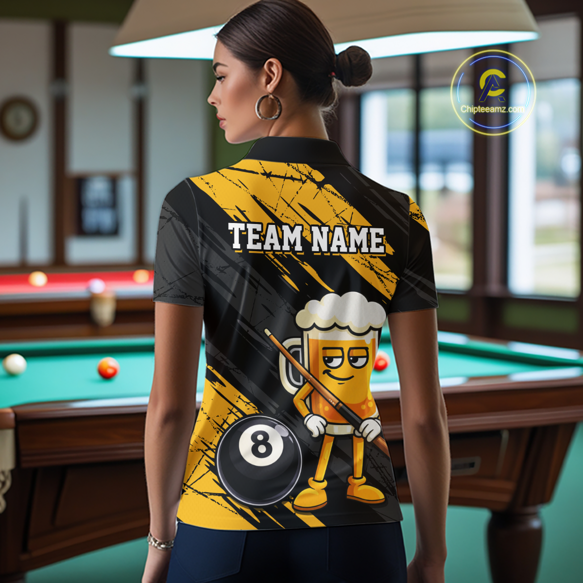 Custom Funny Yellow Beer 8 Ball Pool Women Billiard Polo & 1/4 Zip, Billiard Shirt, Billiard Team Jerseys NNT146