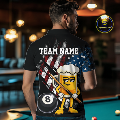 Custom Funny US Flag Beer 8 Ball Pool Men Billiard Polo & 1/4 Zip, Billiard Shirt, Billiard Team Jerseys NNT146