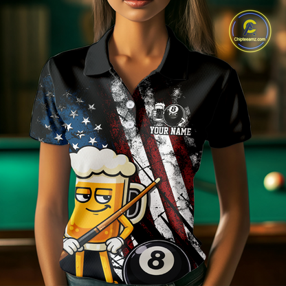 Custom Funny US Flag Beer 8 Ball Pool Women Billiard Polo & 1/4 Zip, Billiard Shirt, Billiard Team Jerseys NNT146