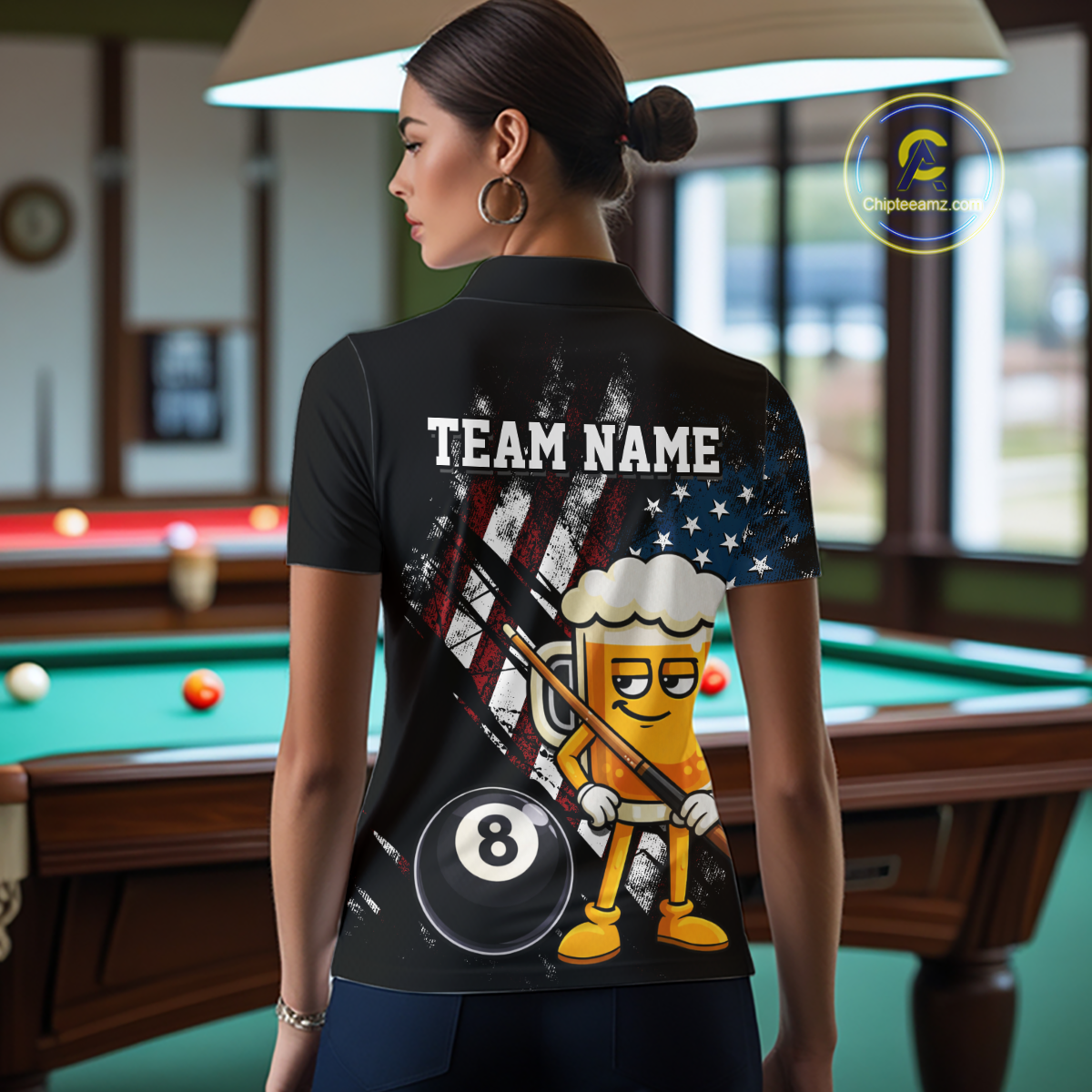 Custom Funny US Flag Beer 8 Ball Pool Women Billiard Polo & 1/4 Zip, Billiard Shirt, Billiard Team Jerseys NNT146