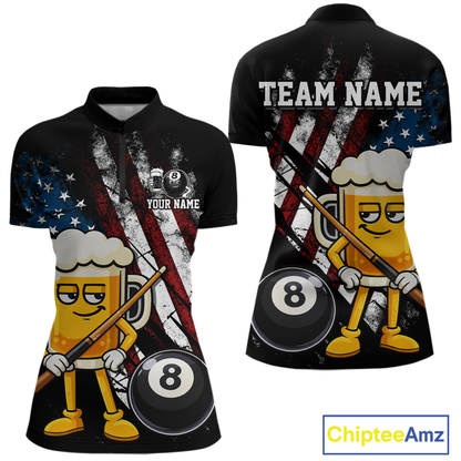 Custom Funny US Flag Beer 8 Ball Pool Women Billiard Polo & 1/4 Zip, Billiard Shirt, Billiard Team Jerseys NNT146