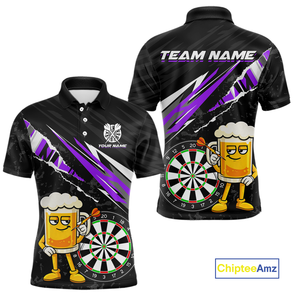 Custom Purple Funny Beer Dart Shirts for Men Darts Team Jerseys Dart Tournament Polo & 1/4 Zip NNT139