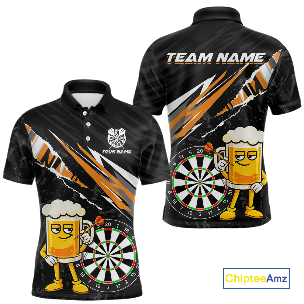 Custom Orange Funny Beer Dart Shirts for Men Darts Team Jerseys Dart Tournament Polo & 1/4 Zip NNT139