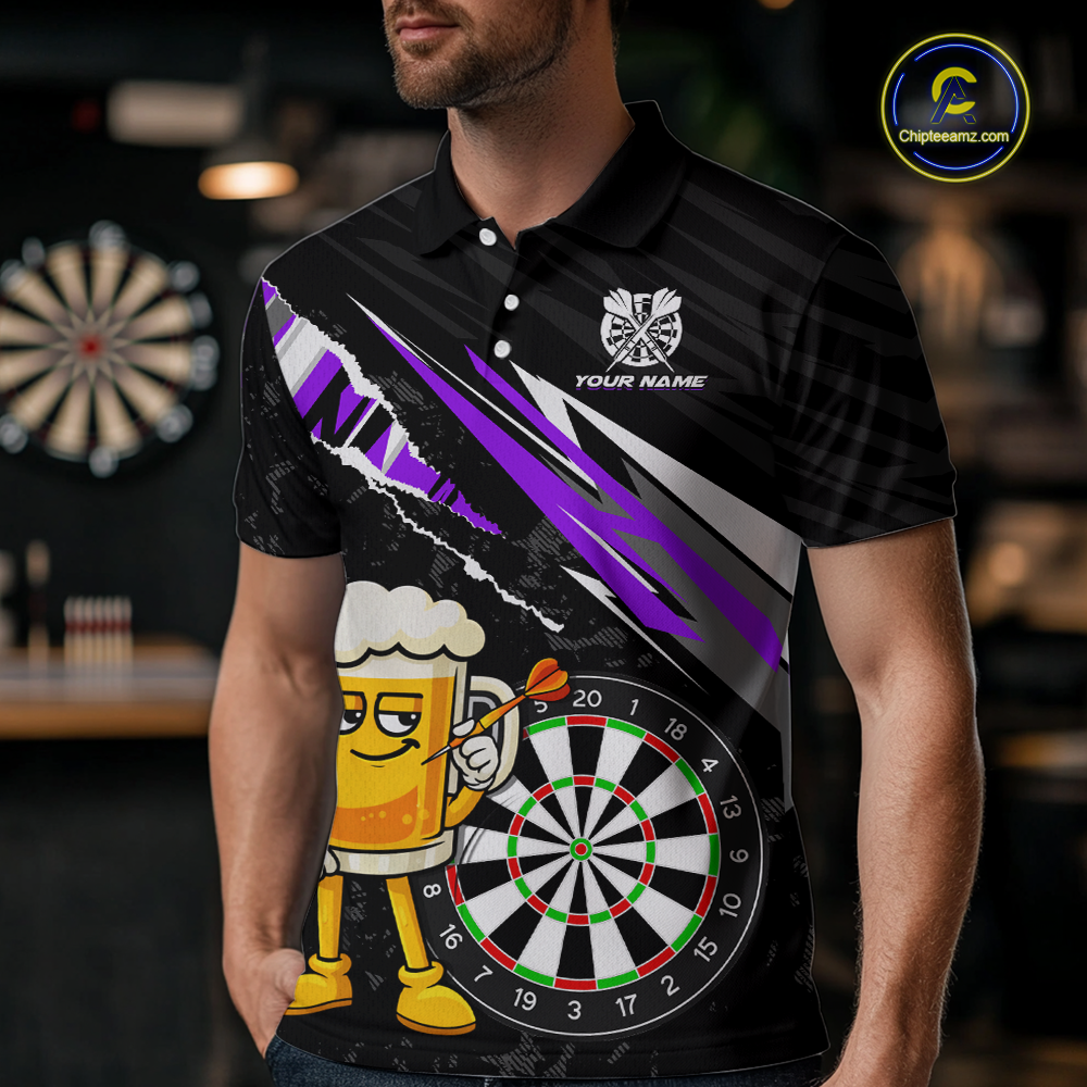 Custom Purple Funny Beer Dart Shirts for Men Darts Team Jerseys Dart Tournament Polo & 1/4 Zip NNT139