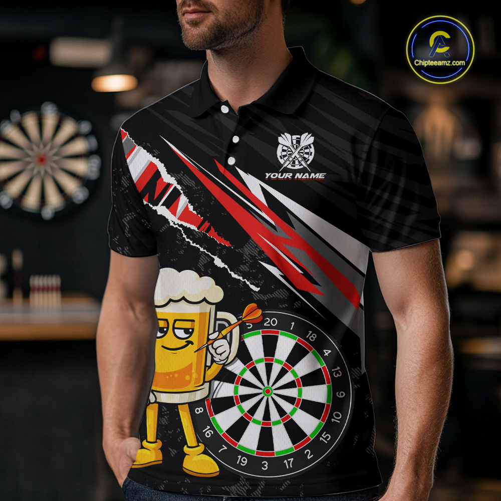 Custom Red Funny Beer Dart Shirts for Men Darts Team Jerseys Dart Tournament Polo & 1/4 Zip NNT139