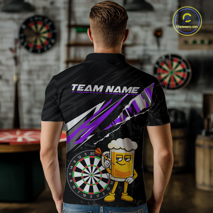 Custom Purple Funny Beer Dart Shirts for Men Darts Team Jerseys Dart Tournament Polo & 1/4 Zip NNT139