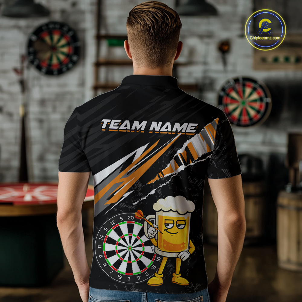 Custom Orange Funny Beer Dart Shirts for Men Darts Team Jerseys Dart Tournament Polo & 1/4 Zip NNT139