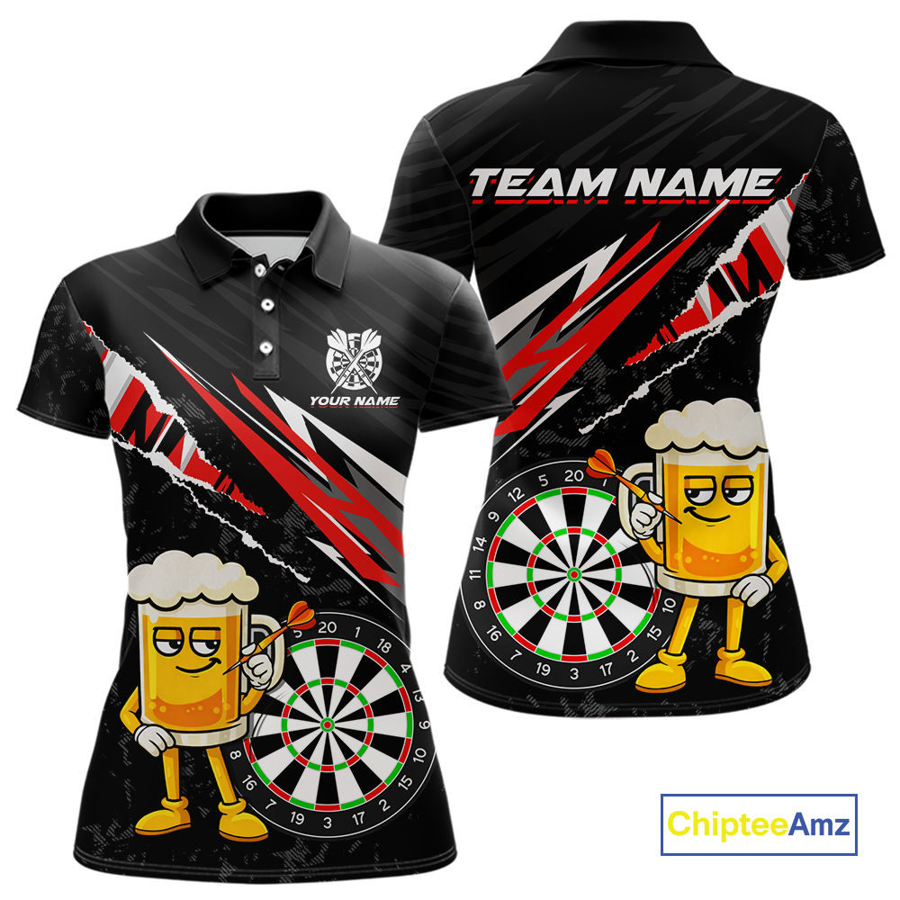 Custom Red Funny Beer Dart Shirts for Women Darts Team Jerseys Dart Tournament Polo & 1/4 Zip NNT139