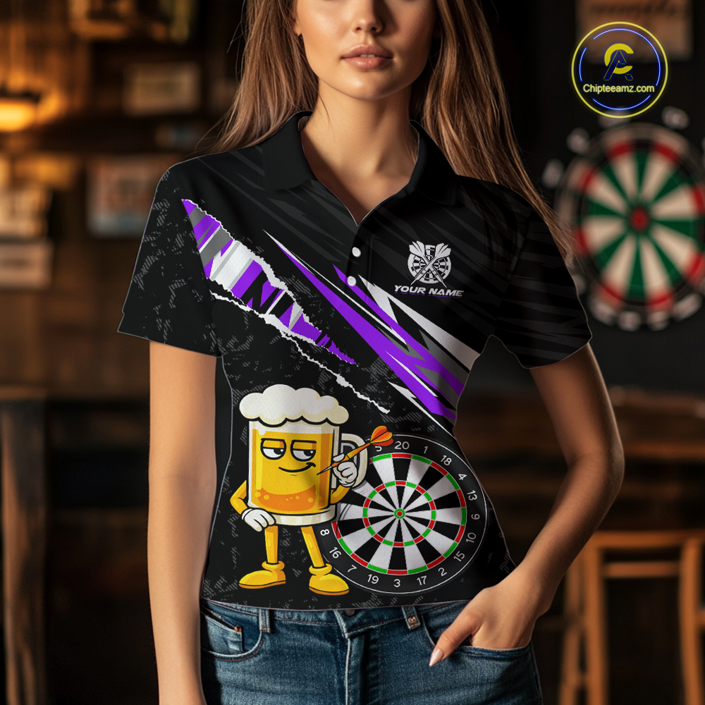 Custom Purple Funny Beer Dart Shirts for Women Darts Team Jerseys Dart Tournament Polo & 1/4 Zip NNT139
