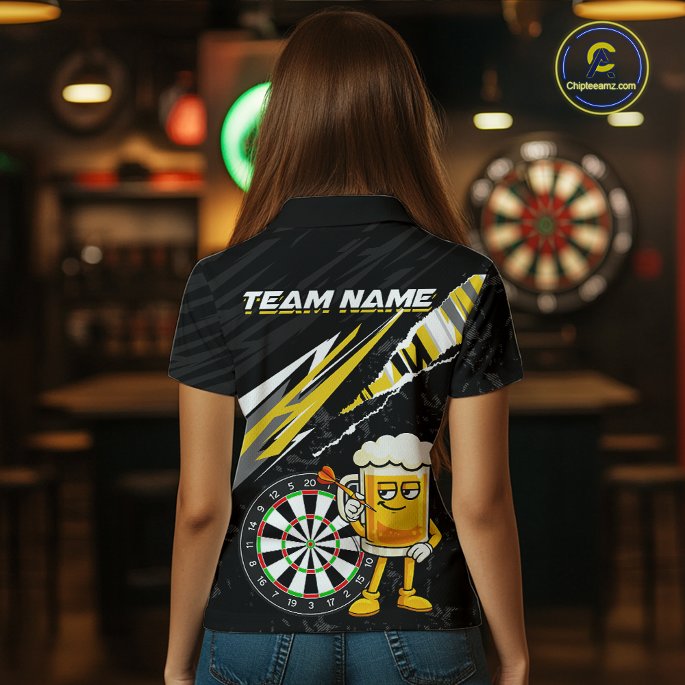 Custom Yellow Funny Beer Dart Shirts for Women Darts Team Jerseys Dart Tournament Polo & 1/4 Zip NNT139