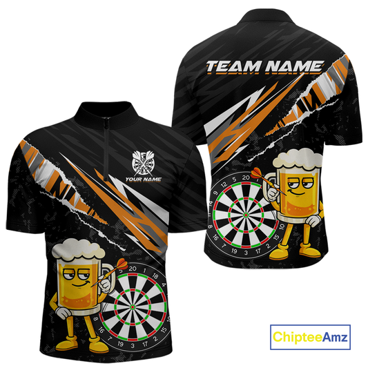 Custom Orange Funny Beer Dart Shirts for Men Darts Team Jerseys Dart Tournament Polo & 1/4 Zip NNT139