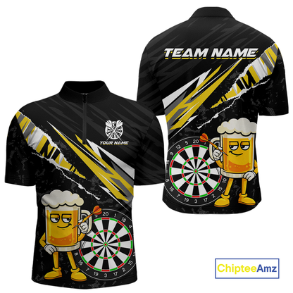 Custom Yellow Funny Beer Dart Shirts for Men Darts Team Jerseys Dart Tournament Polo & 1/4 Zip NNT139