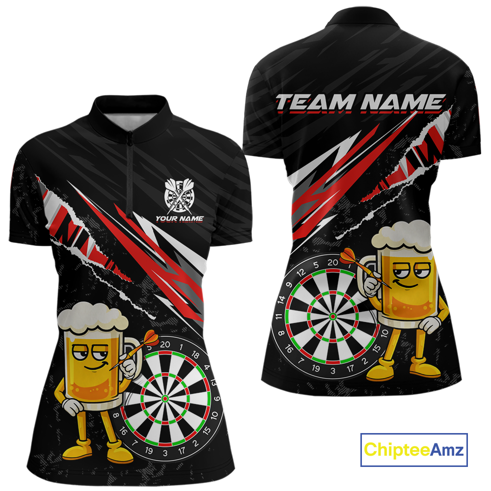 Custom Red Funny Beer Dart Shirts for Women Darts Team Jerseys Dart Tournament Polo & 1/4 Zip NNT139