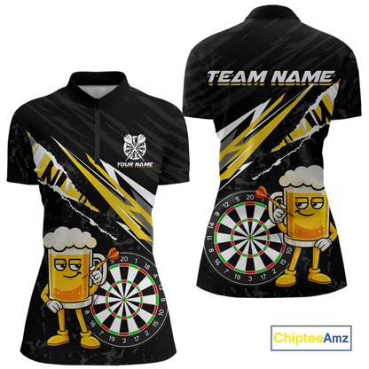Custom Yellow Funny Beer Dart Shirts for Women Darts Team Jerseys Dart Tournament Polo & 1/4 Zip NNT139