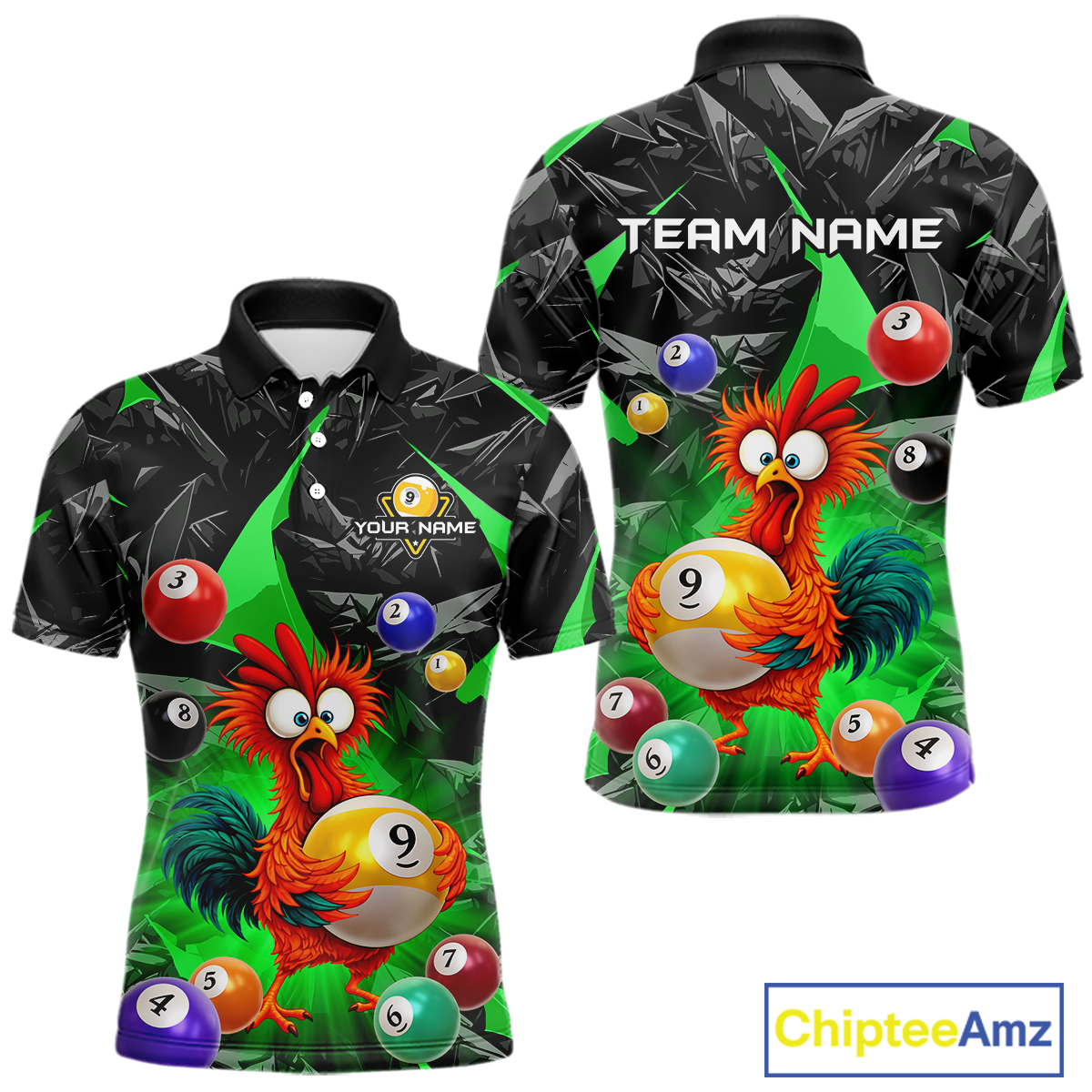 Custom Funny Green Chicken 9 Ball Pool Billiard Shirt for Men Polo & 1/4 Zip, Billiard Team Jerseys NNT157
